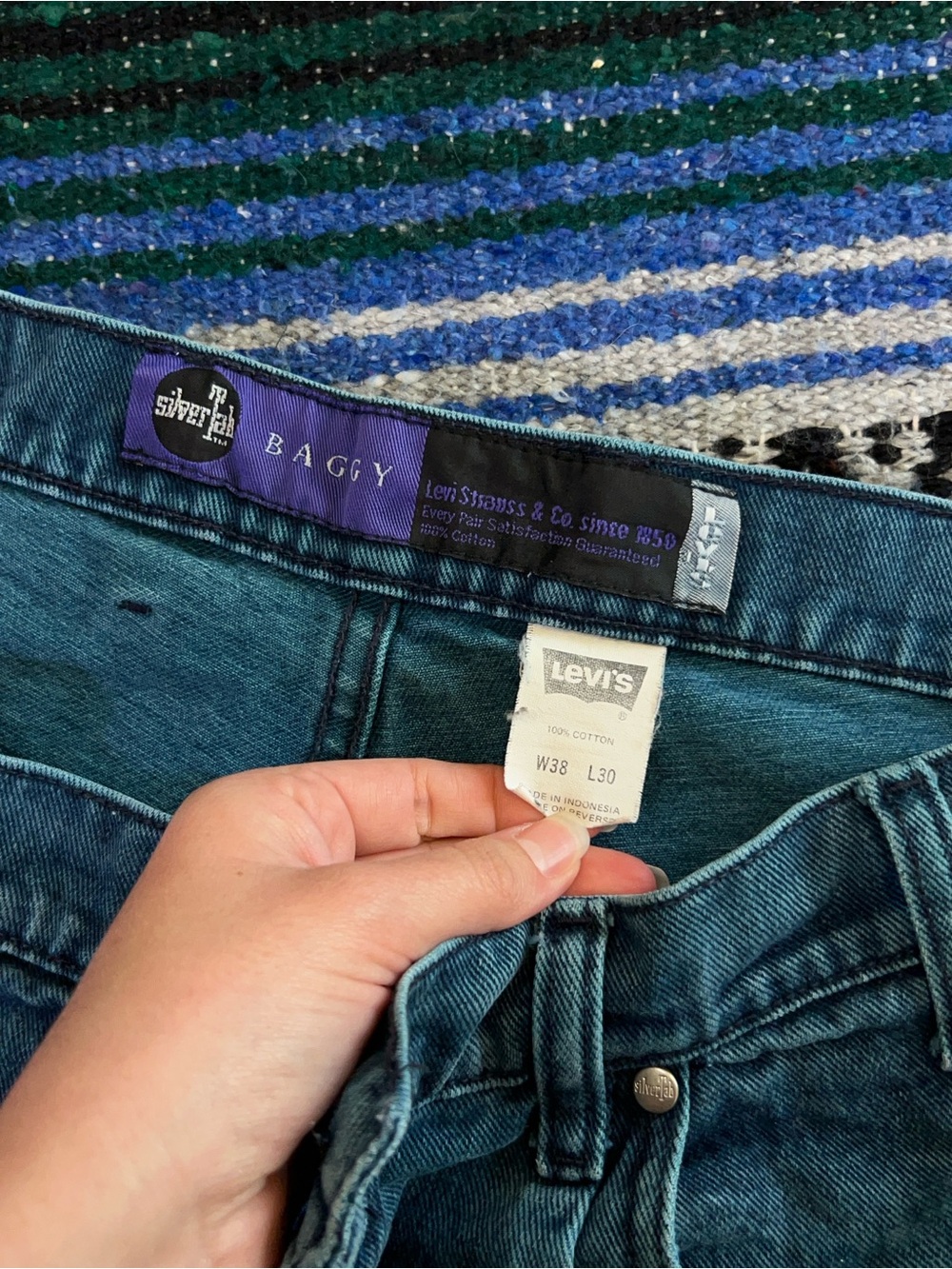 Vintage 90s Silver Tab Levi's Baggy Denim Jeans Teal Blue Purple tag 38 x 30 - Picture 11 of 15